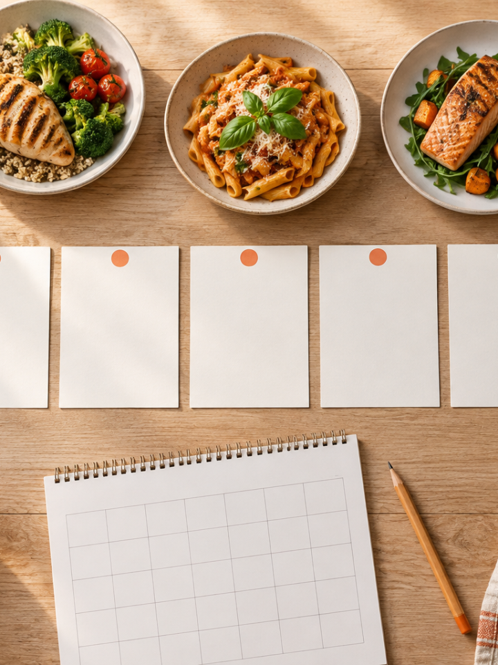 Seven blank meal cards, plated dinners and a calendar arranged for weekly meal planning