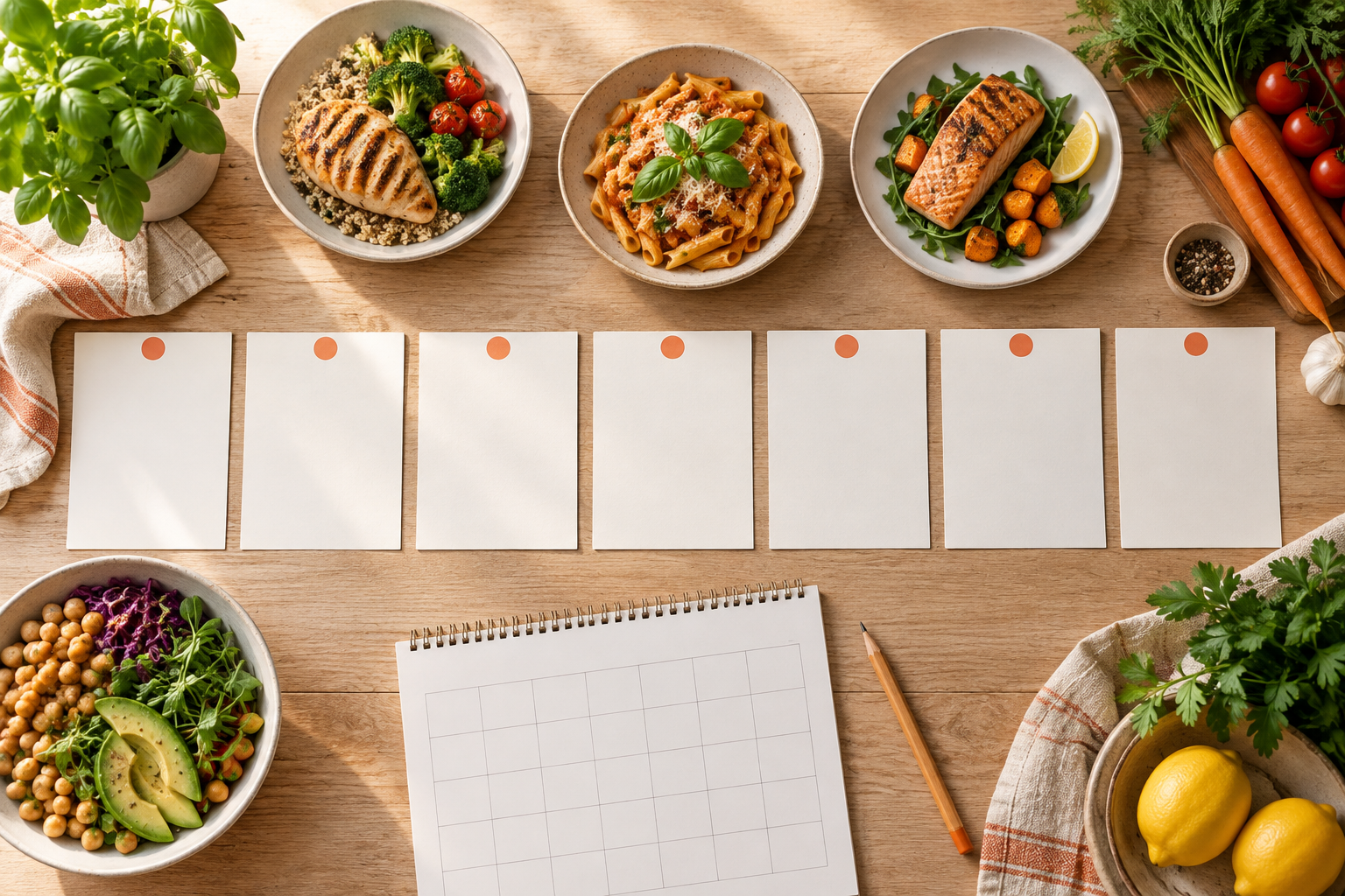 Seven blank meal cards, plated dinners and a calendar arranged for weekly meal planning