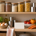 Organized pantry shelves with jars, canned foods, fresh vegetables and a recipe card