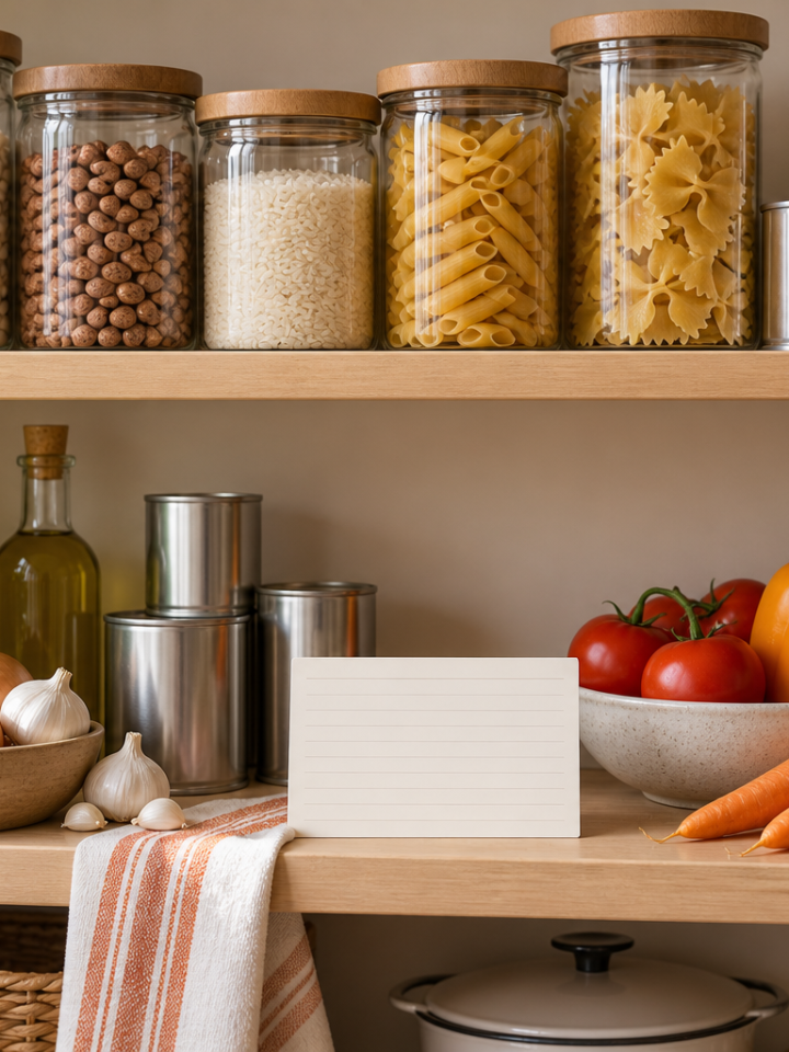 Organized pantry shelves with jars, canned foods, fresh vegetables and a recipe card
