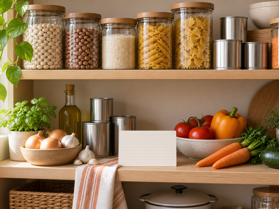 Organized pantry shelves with jars, canned foods, fresh vegetables and a recipe card