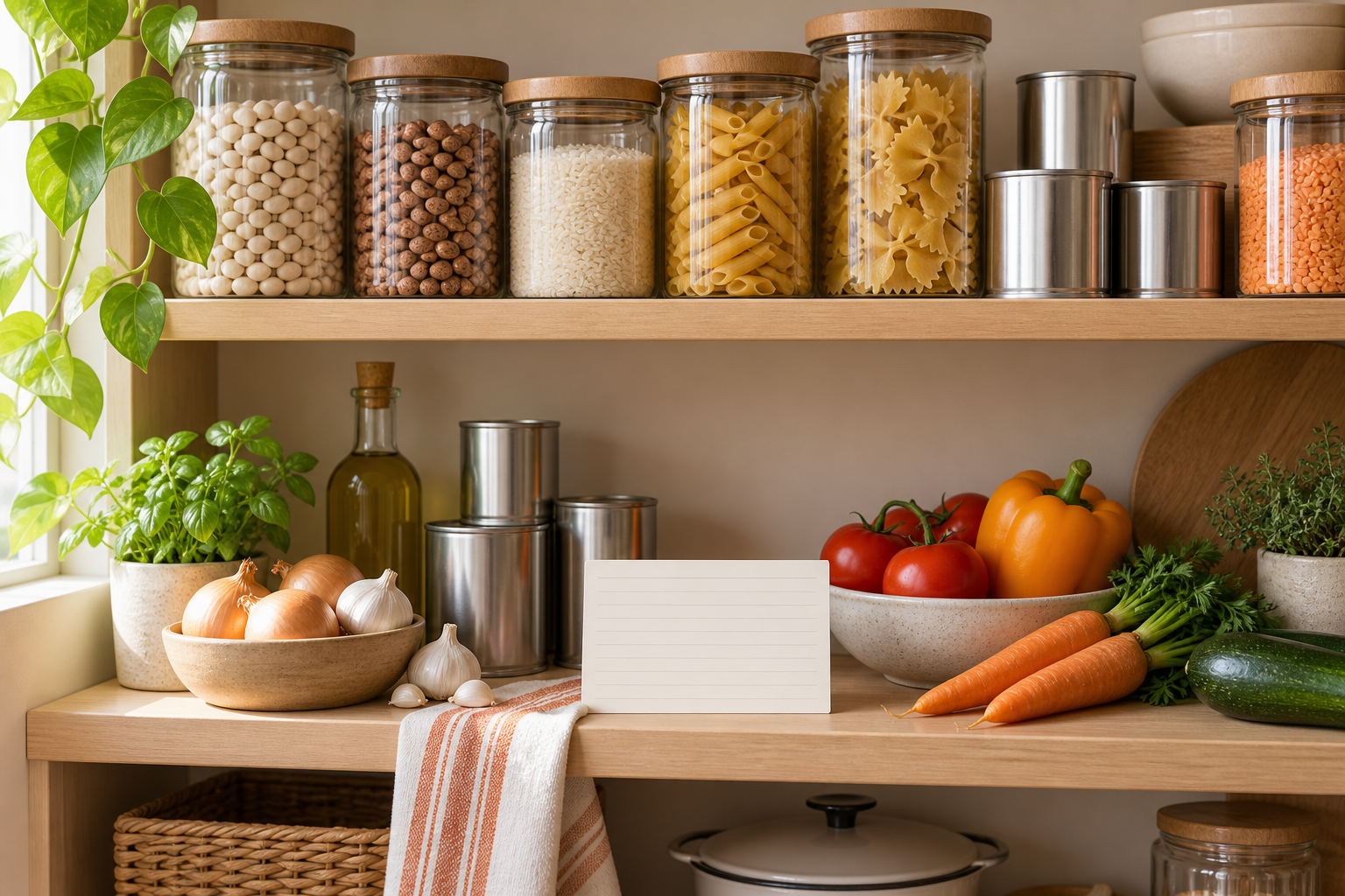 Organized pantry shelves with jars, canned foods, fresh vegetables and a recipe card