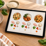 Tablet with recipe cards beside chicken, rice, spinach, tomatoes and garlic for ingredient matching