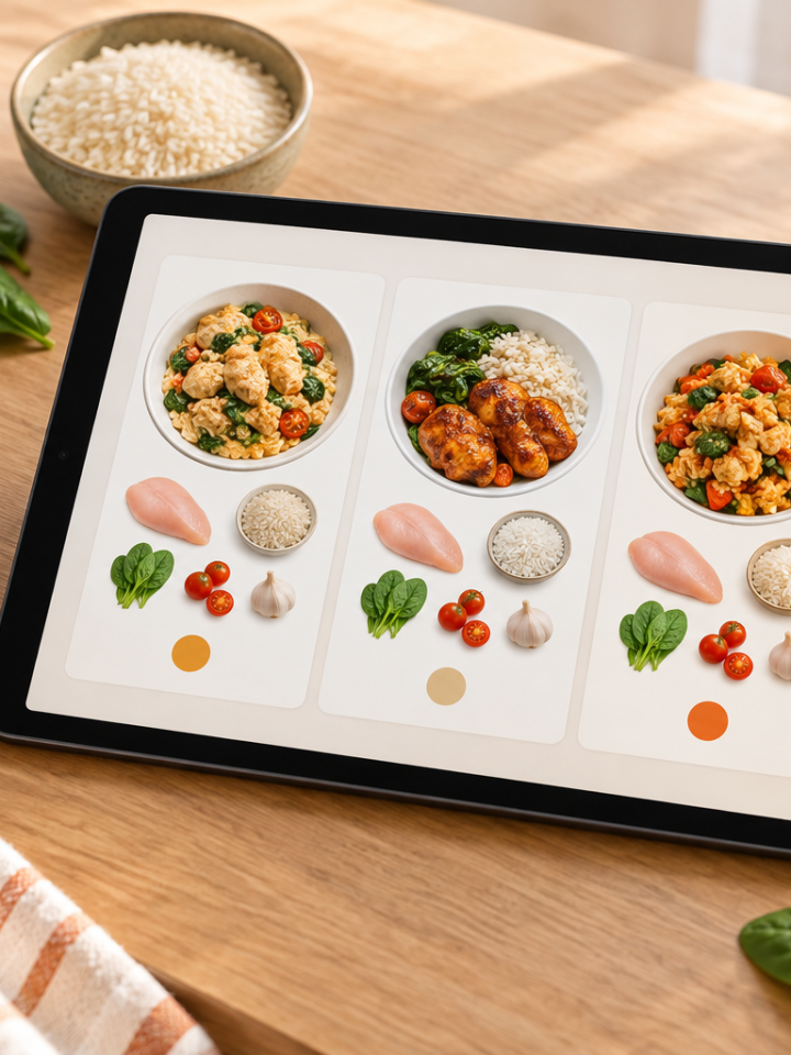 Tablet with recipe cards beside chicken, rice, spinach, tomatoes and garlic for ingredient matching