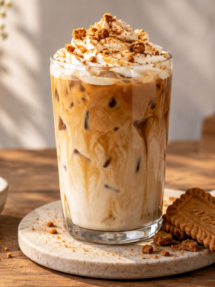 Iced spiced cookie latte with creamy coffee layers and caramelized biscuit crumbs
