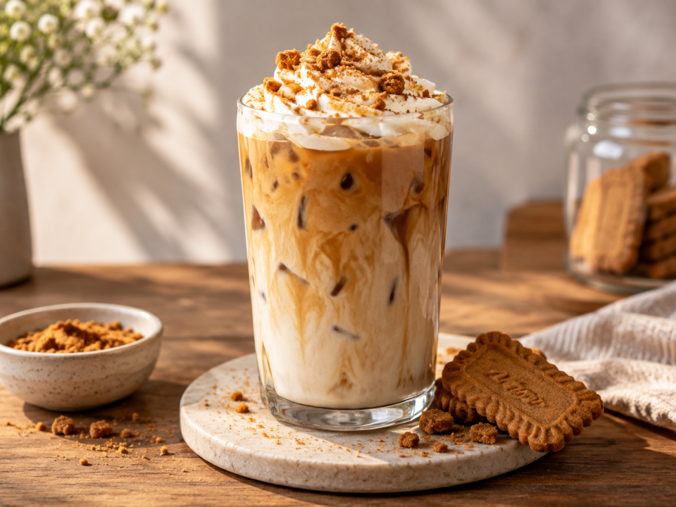 Iced spiced cookie latte with creamy coffee layers and caramelized biscuit crumbs