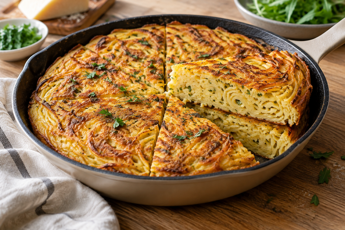 Golden spaghetti frittata wedges with visible pasta strands, egg and herbs