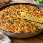 Golden spaghetti frittata wedges with visible pasta strands, egg and herbs