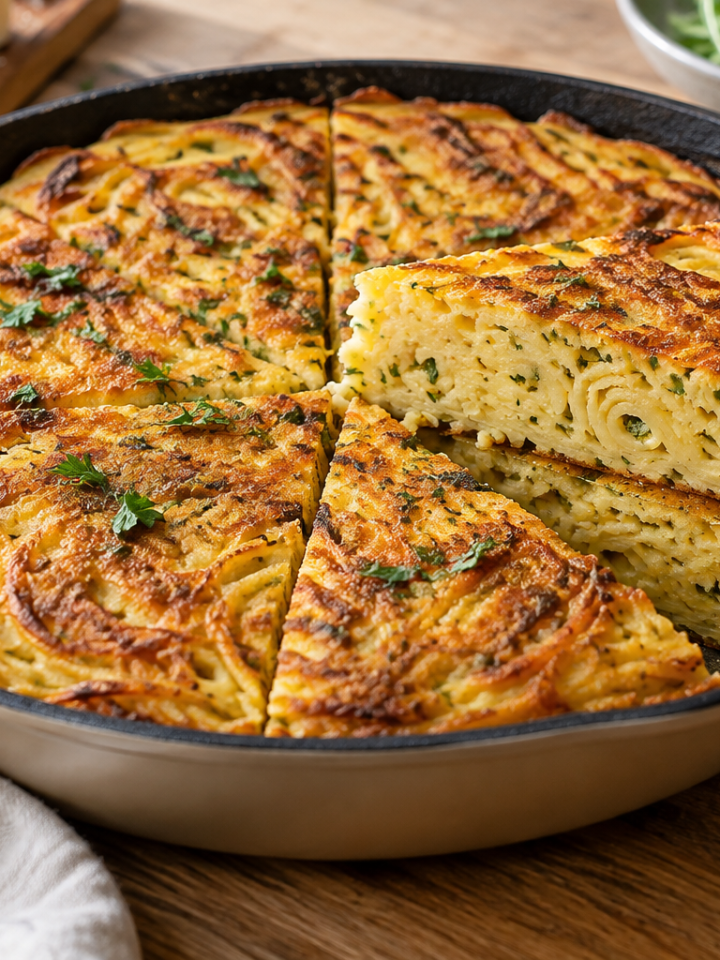 Golden spaghetti frittata wedges with visible pasta strands, egg and herbs