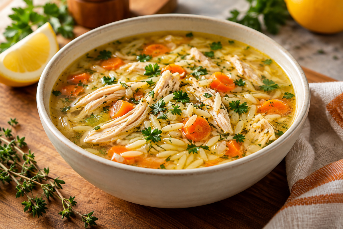Lemon chicken orzo soup with shredded chicken, carrots and herbs in golden broth
