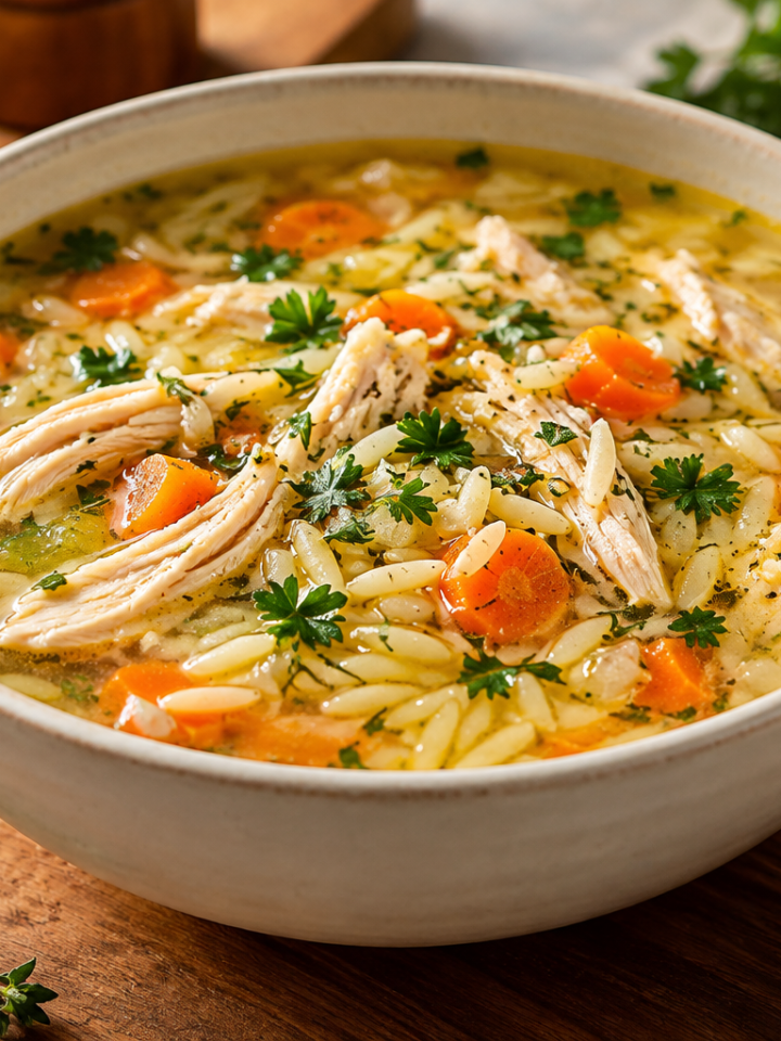 Lemon chicken orzo soup with shredded chicken, carrots and herbs in golden broth