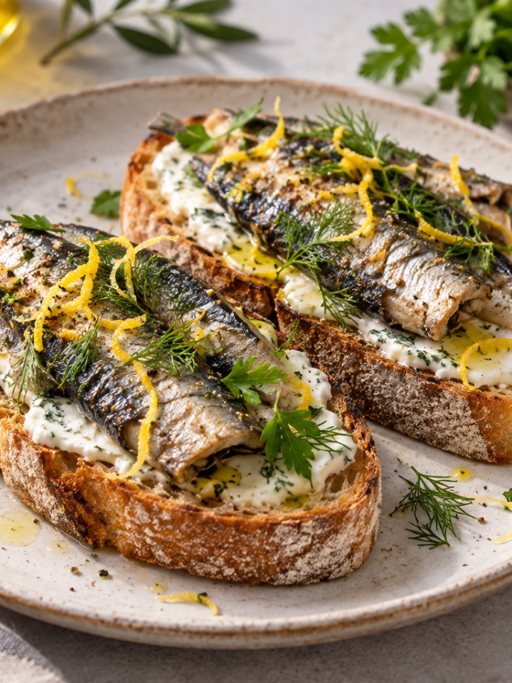 Crisp artisan toast topped with sardines, lemon zest, fresh herbs and creamy spread