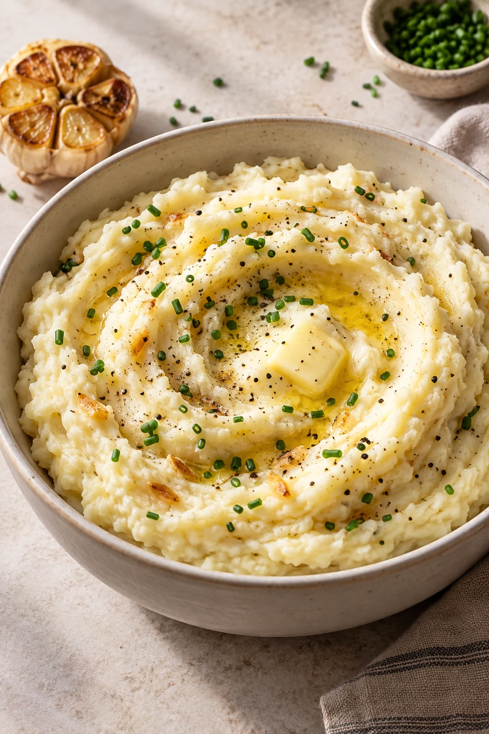 Creamy roasted garlic mashed potatoes with melted butter and chives
