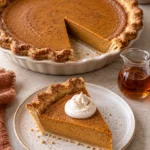 Slice of maple pumpkin pie with whipped cream beside the remaining pie