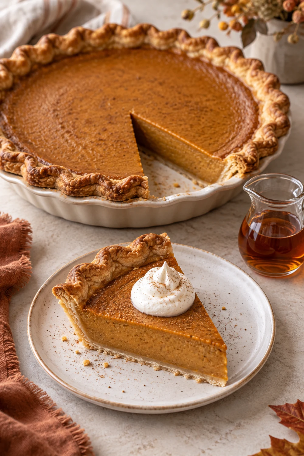 Slice of maple pumpkin pie with whipped cream beside the remaining pie