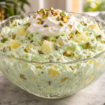 Pale green pistachio gelatin salad with pineapple, pistachios and whipped topping