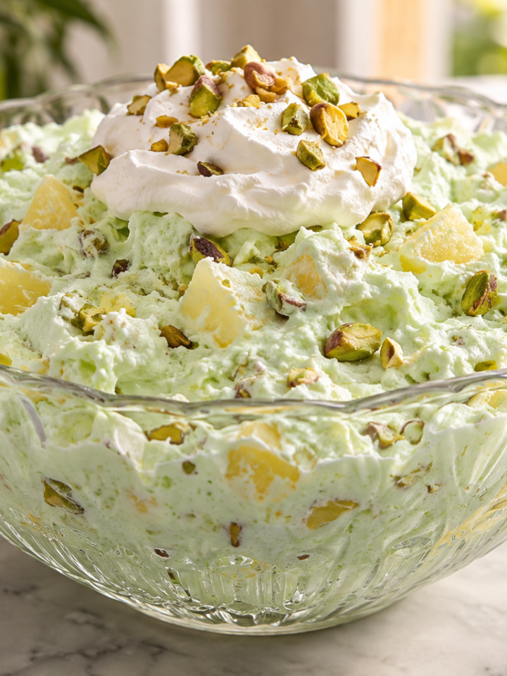 Pale green pistachio gelatin salad with pineapple, pistachios and whipped topping