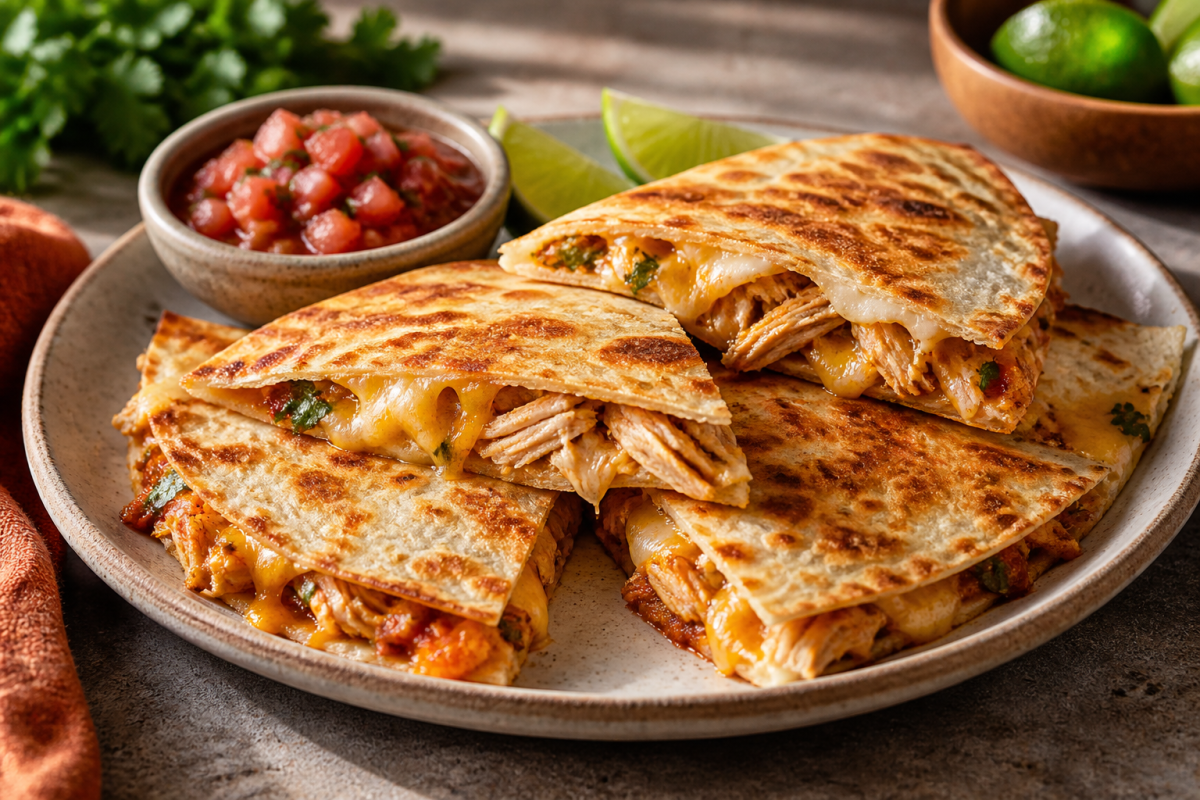 Golden rotisserie chicken quesadilla wedges with melted cheese and salsa