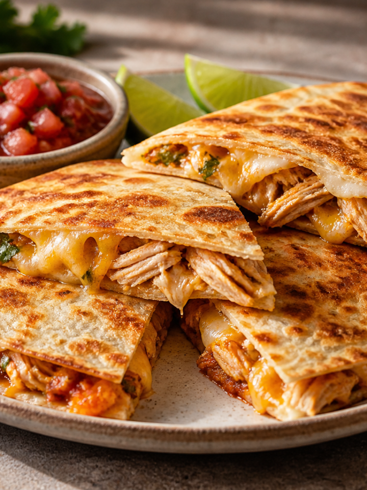 Golden rotisserie chicken quesadilla wedges with melted cheese and salsa