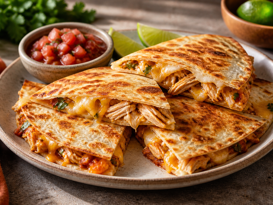 Golden rotisserie chicken quesadilla wedges with melted cheese and salsa