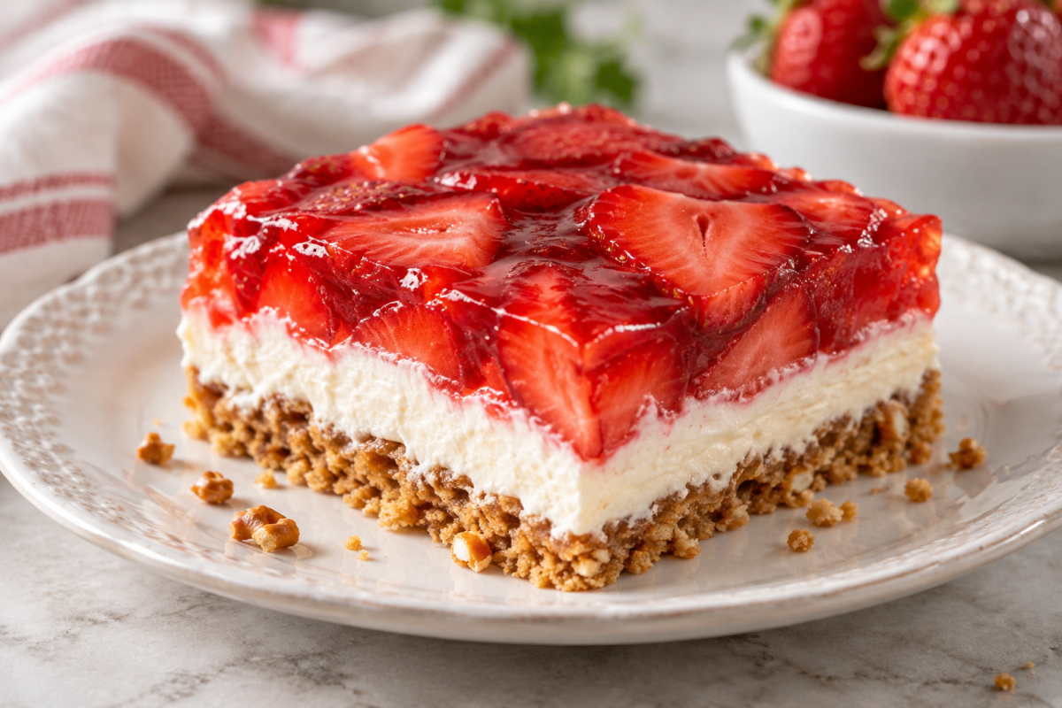 Strawberry pretzel salad with red gelatin, creamy filling and golden pretzel crust