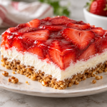 Strawberry pretzel salad with red gelatin, creamy filling and golden pretzel crust