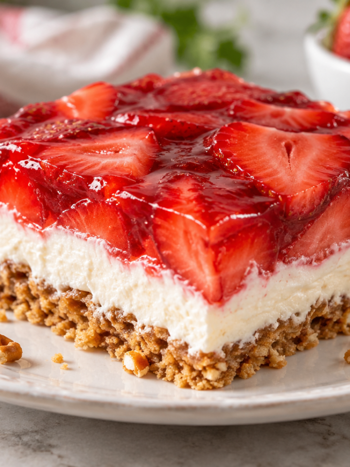 Strawberry pretzel salad with red gelatin, creamy filling and golden pretzel crust