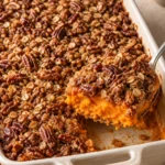 Sweet potato casserole with golden pecan oat streusel in a baking dish