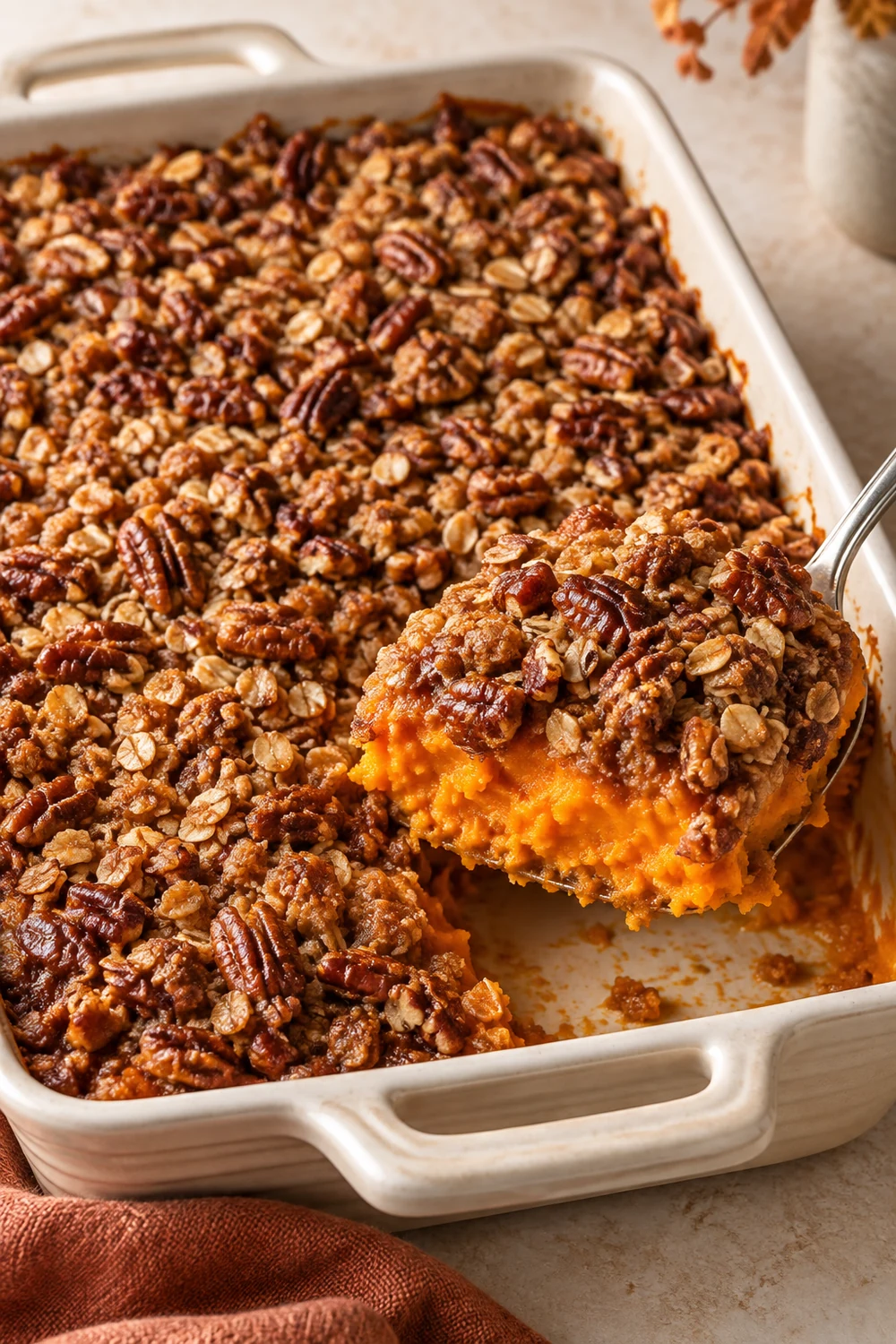 Sweet potato casserole with golden pecan oat streusel in a baking dish